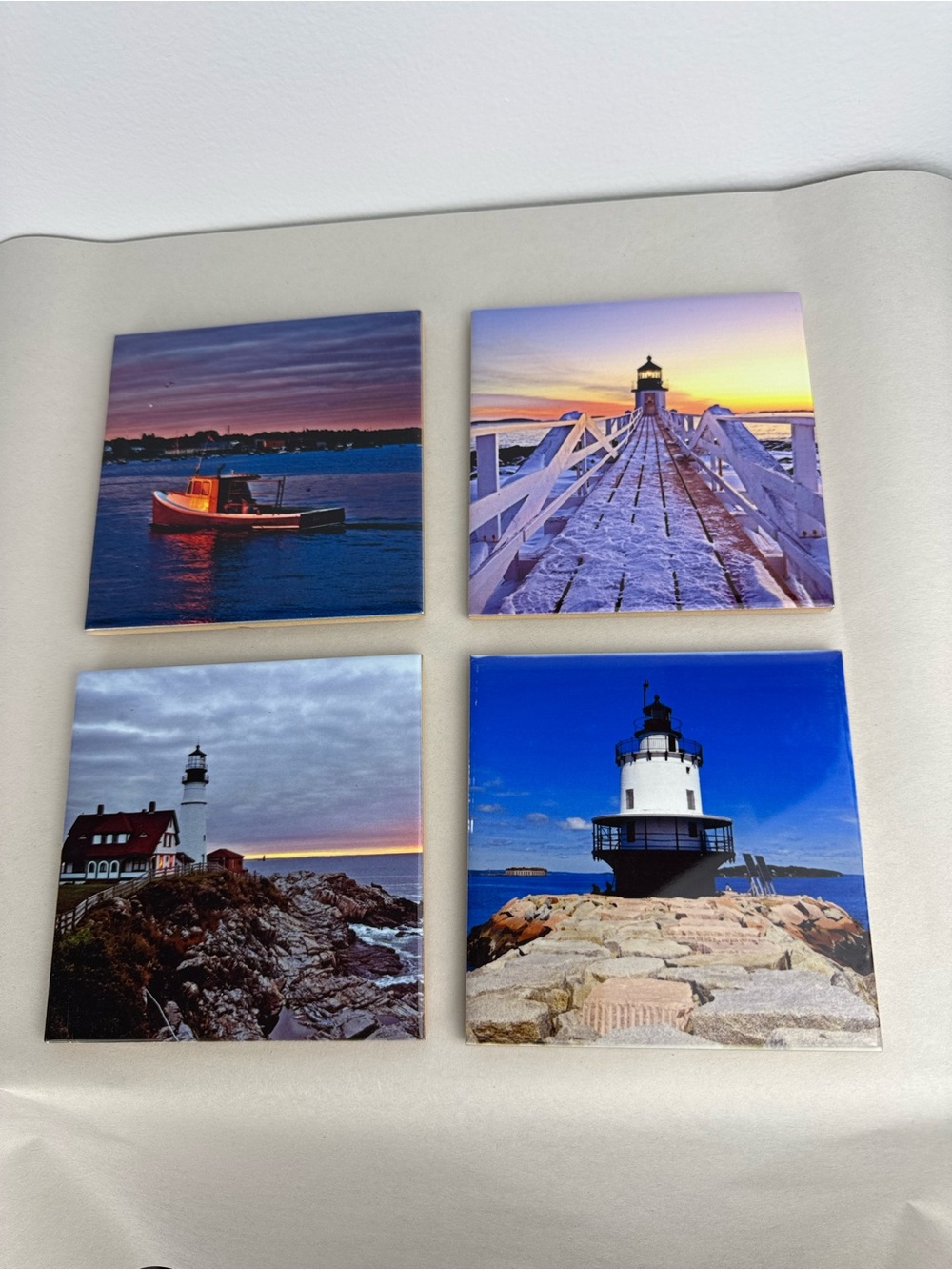 Lighthouse Scenic Nautical Square Cork-Backed Coaster Set, 4pc 4x4 in